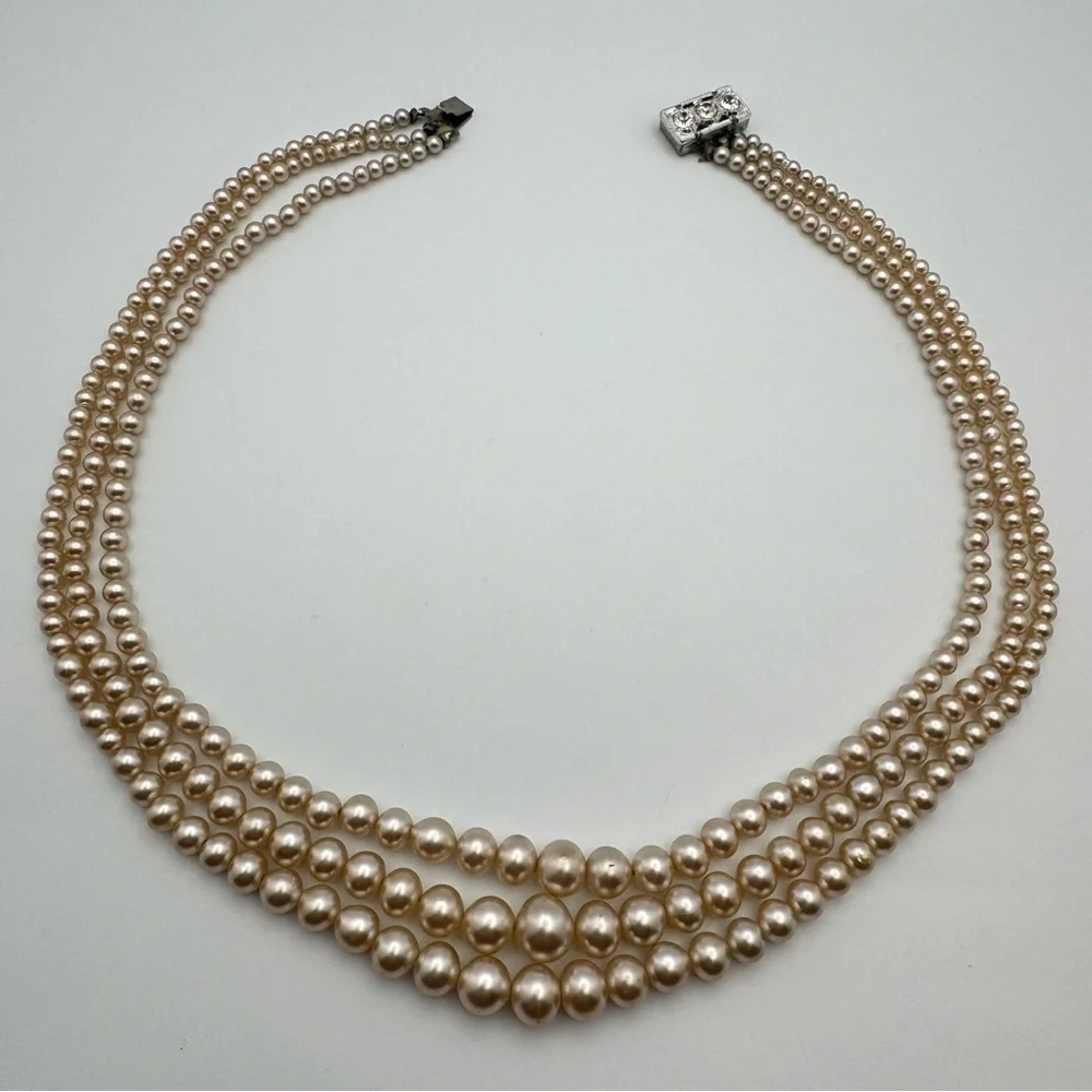 Vintage Japan 3-Strand Faux Pearl Necklace Rhinestone Box Clasp
